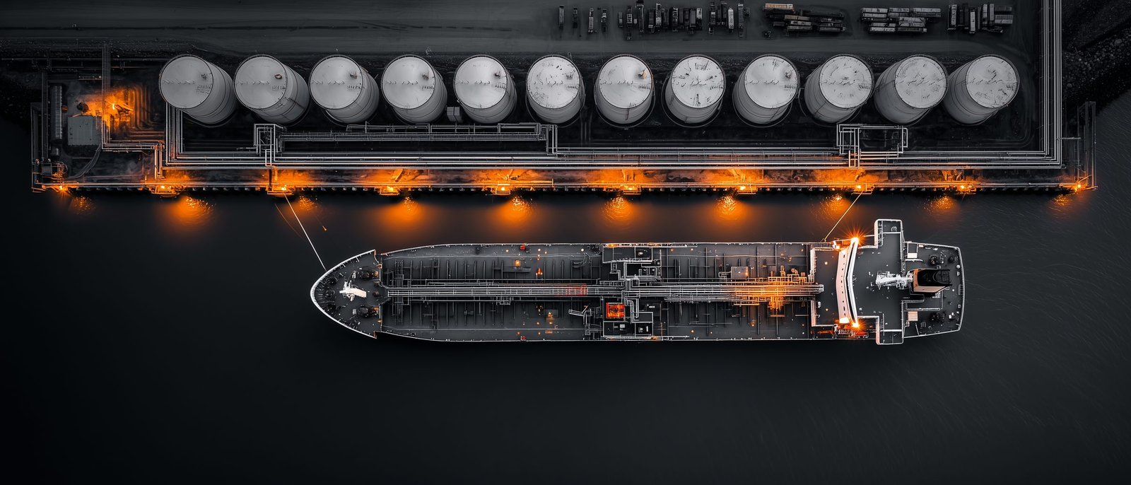 Aerial view of a product tanker berthed alongside a lit fuel storage terminal at night