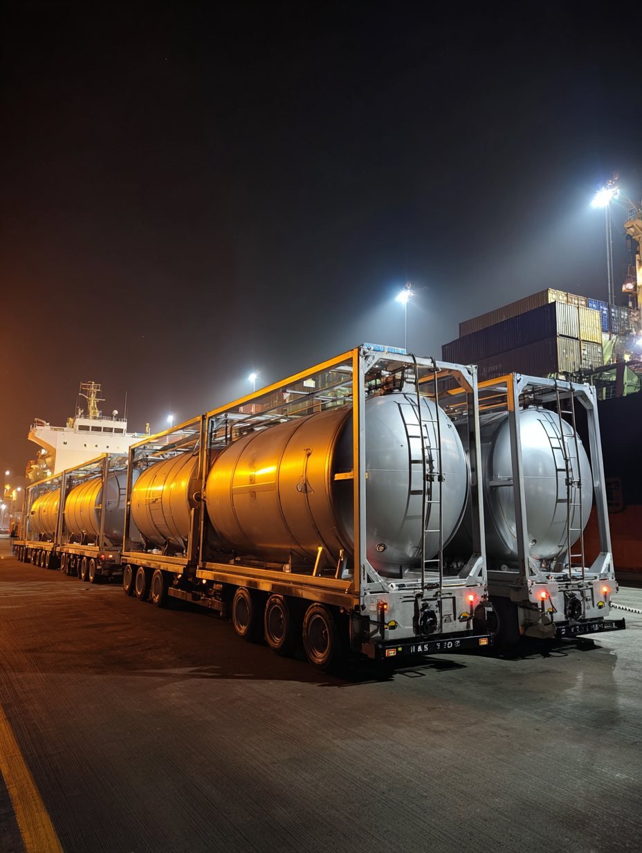 ISO tank containers on trailers at a port terminal at night